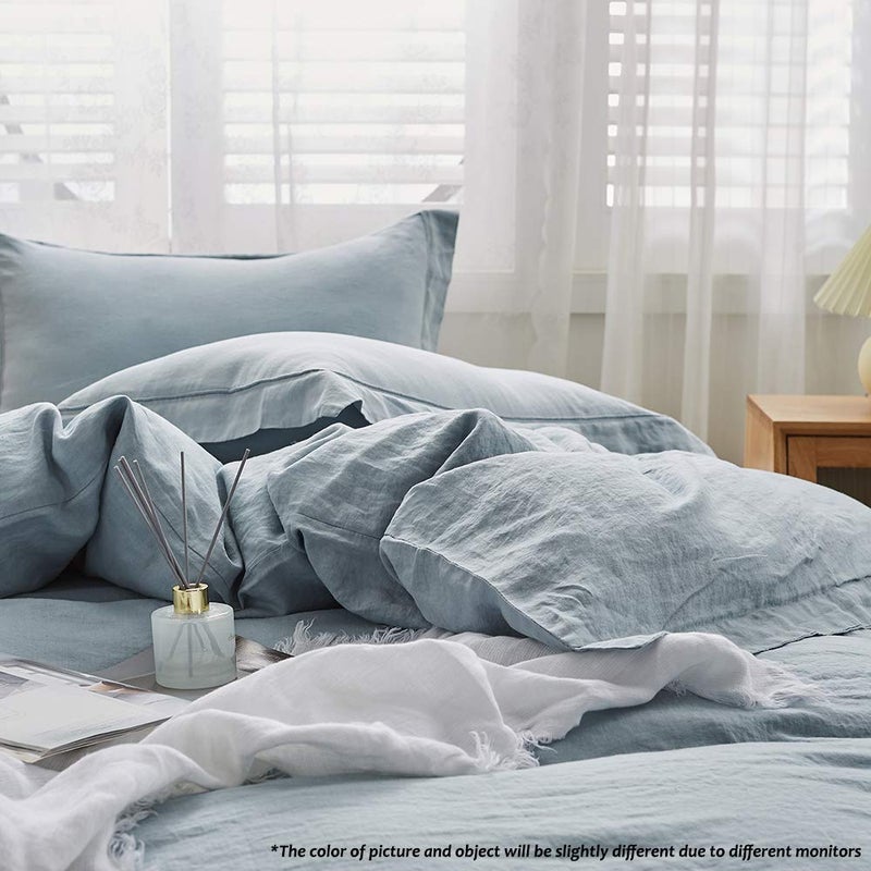 Simple&Opulence 100% French Flax Linen Duvet Cover Set with Embroidery Washed - 3 Pieces (1 Duvet Cover with 2 Pillow Shams) with Button Closure Soft Breathable Farmhouse - Dusty Blue, King Size - Image 5